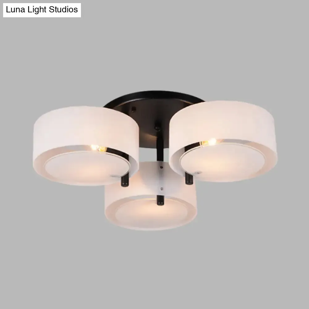 Modern 3-Head Semi Flush Mount Ceiling Light for Living Room in White Drum Shape