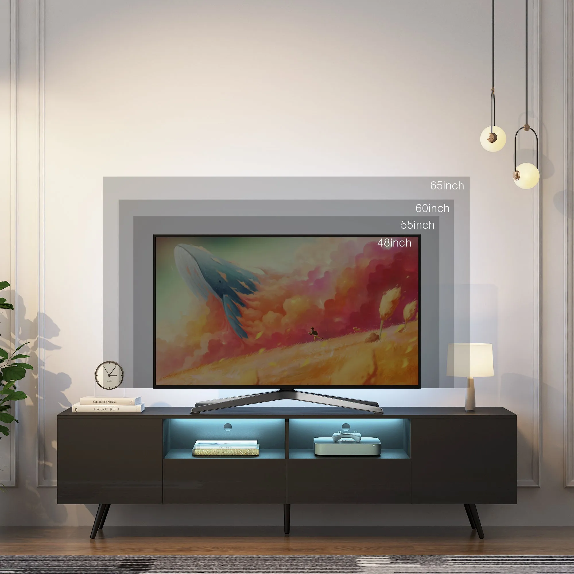 Modern White TV Stand, 16 Colors LED TV Stand w/Remote Control Lights