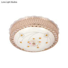 Opal Glass Bowl Flush Mount Light with Simple Gold Floral Pattern LED Close to Ceiling Lamp in Multi Color/Blue Light