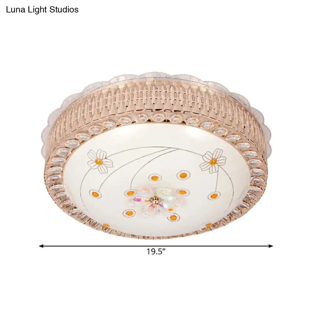 Opal Glass Bowl Flush Mount Light with Simple Gold Floral Pattern LED Close to Ceiling Lamp in Multi Color/Blue Light
