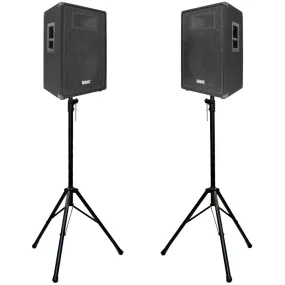Pair of Premium 15" PA Speakers with two tripod speaker stands