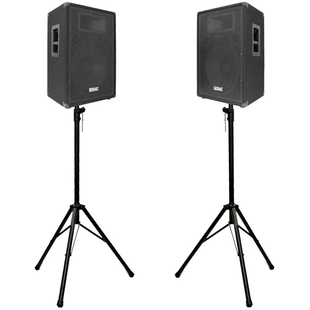 Pair of Premium 15" PA Speakers with two tripod speaker stands