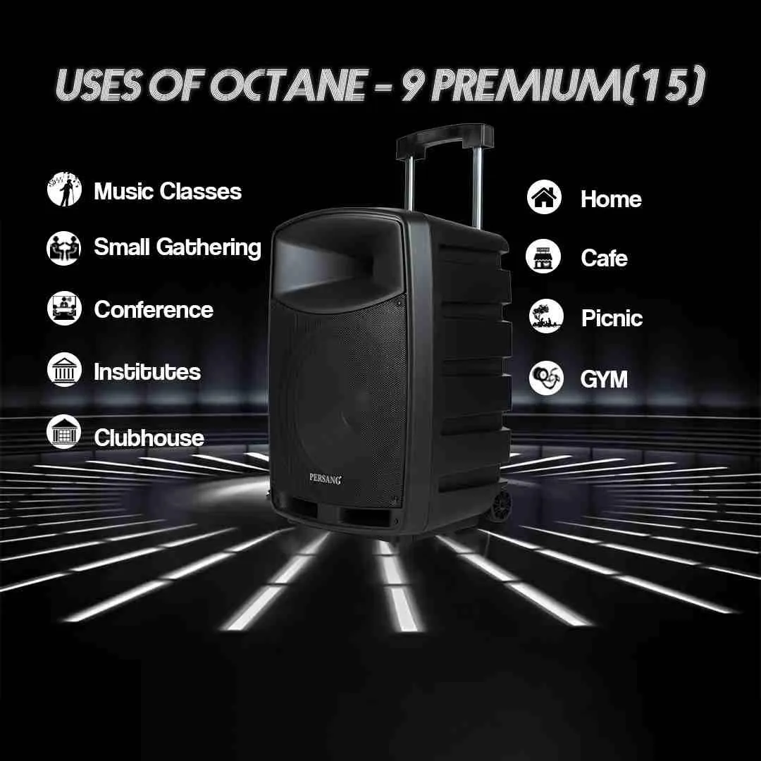 PERSANG Octane 9 (15) 38.10 cms Premium Trolley Speaker | 2X UHF Wireless Mic | Upto 7 Hours Playtime | 100 Watts RMS/1000 PMPO, 38.1 cm Driver, Bluetooth, Aux, USB, SD Card & FM | 1 Year Warranty