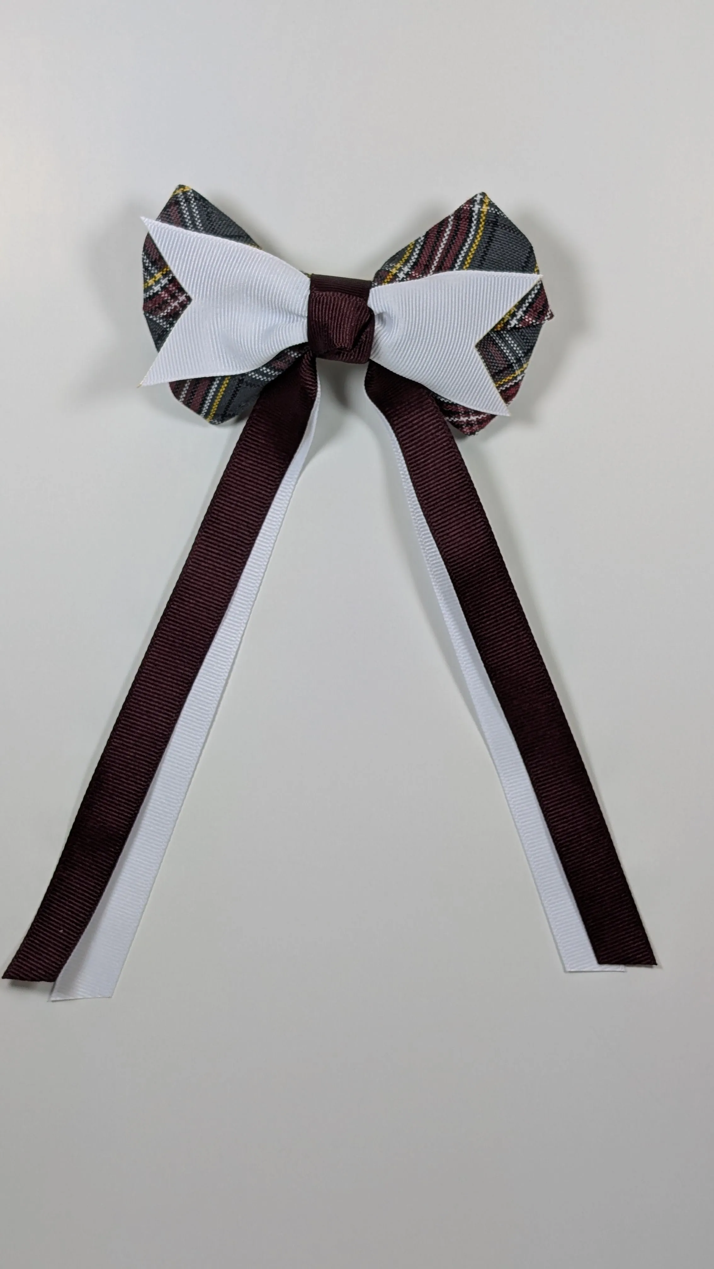 Plaid Bow Spike w/Burgundy & White Streamers & French Clip