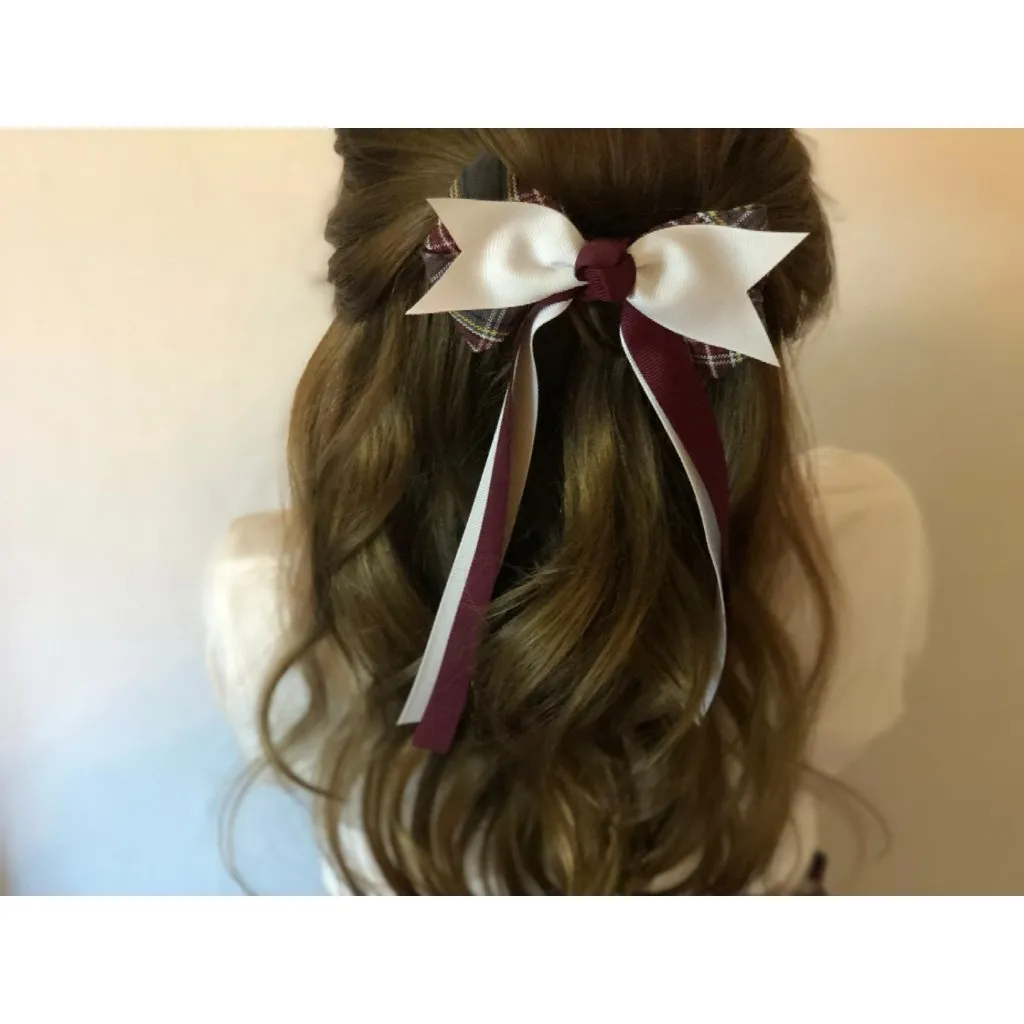 Plaid Bow Spike w/Burgundy & White Streamers & French Clip
