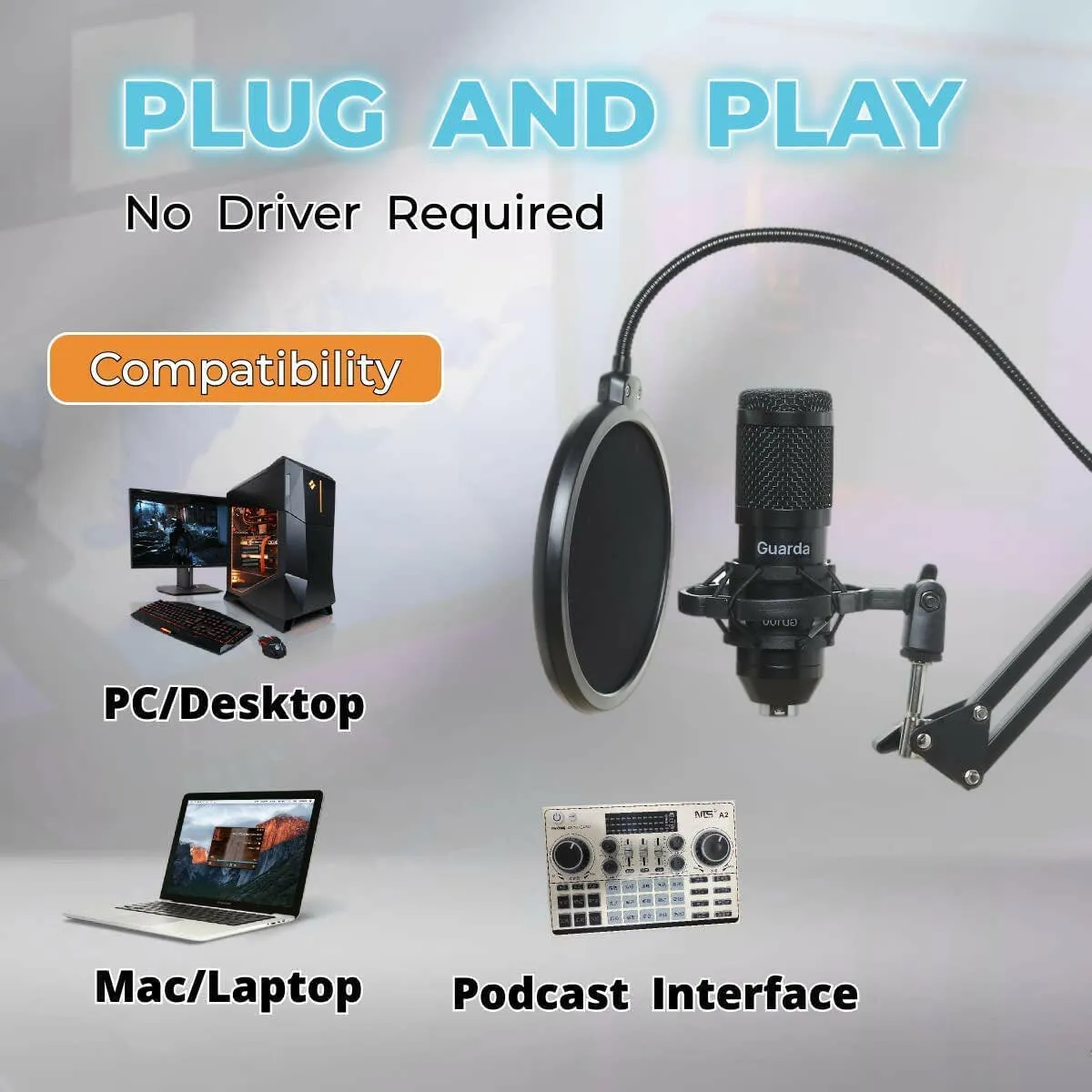 Professional Studio Condenser USB Microphone Kit with Adjustable Scissor Arm Stand and Shock Mount for PC Recording, Podcasting, YouTube, Karaoke, Gaming, and Teaching - Guarda GD100