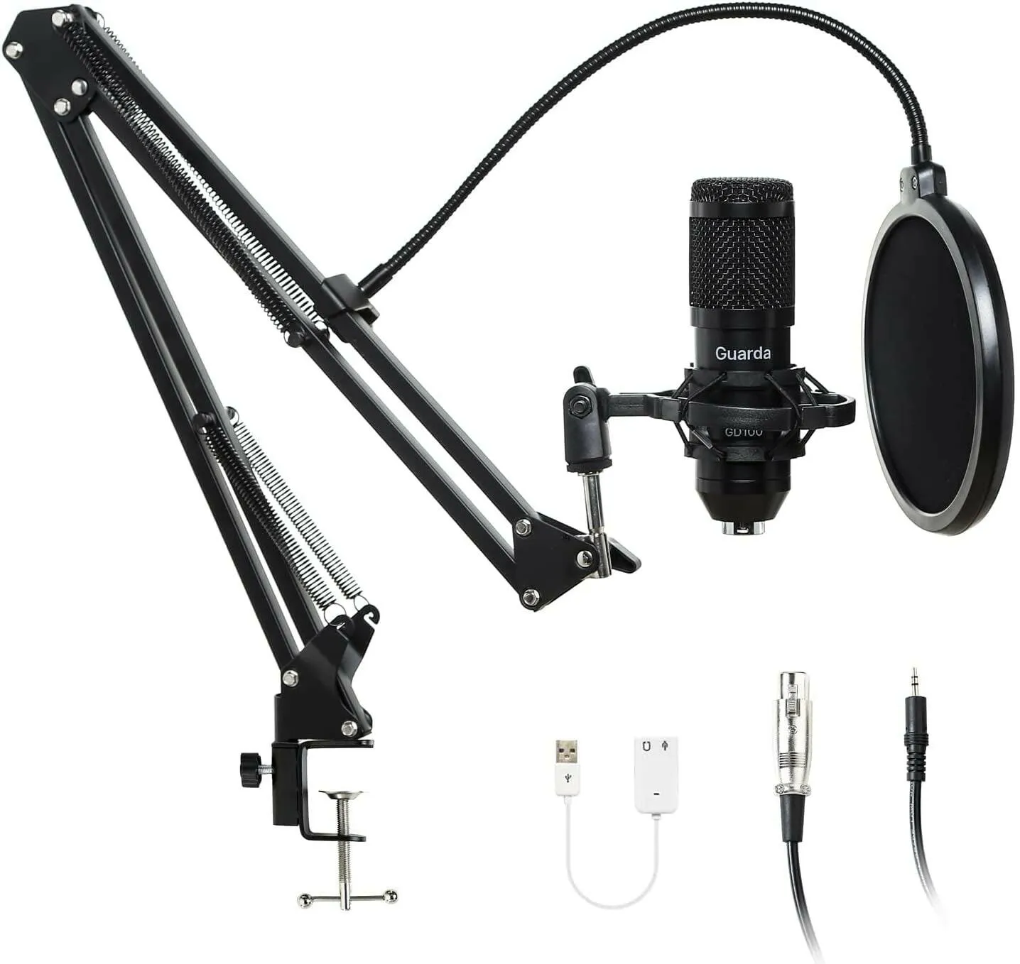 Professional Studio Condenser USB Microphone Kit with Adjustable Scissor Arm Stand and Shock Mount for PC Recording, Podcasting, YouTube, Karaoke, Gaming, and Teaching - Guarda GD100