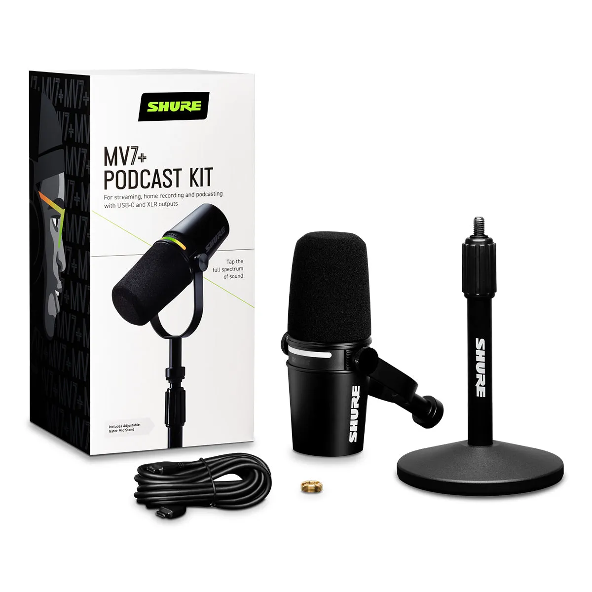 Shure MV7  Hybrid Output USB-C & XLR Podcast Microphone & Desktop Stand (Black)