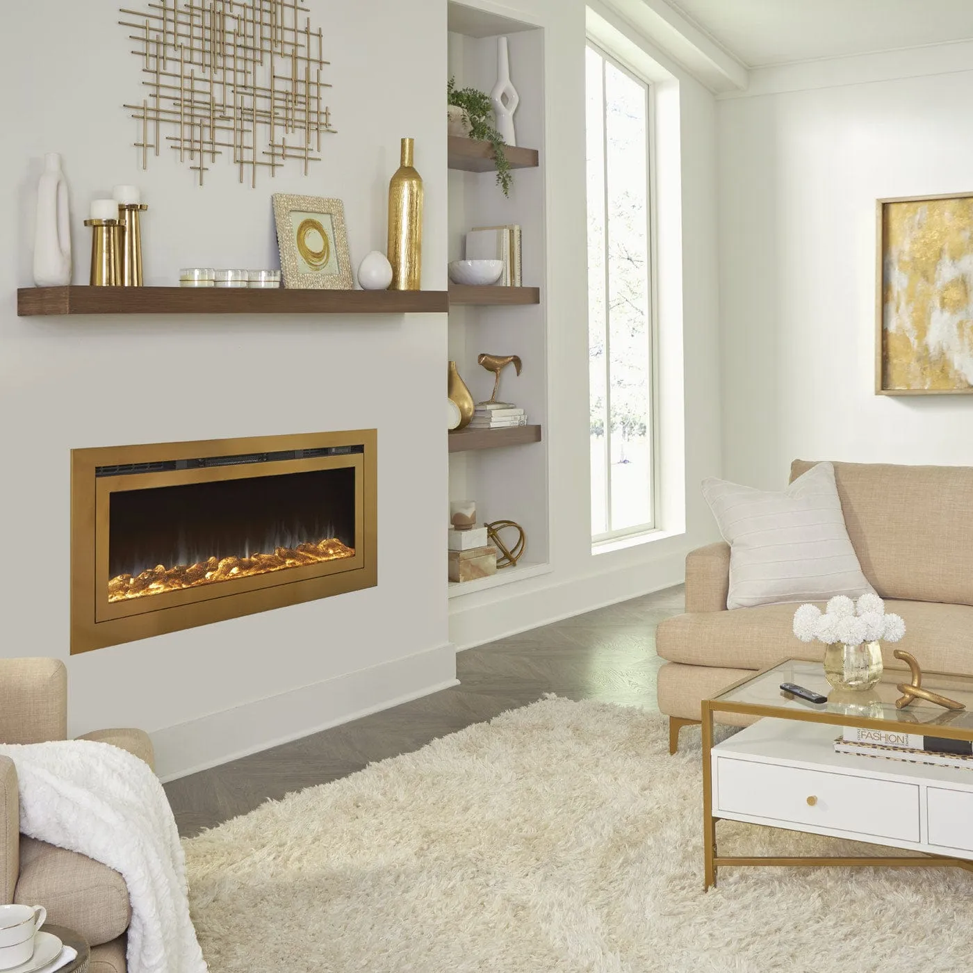 The Sideline Deluxe Gold 60 Inch Recessed Smart Electric Fireplace Refurbished 86276