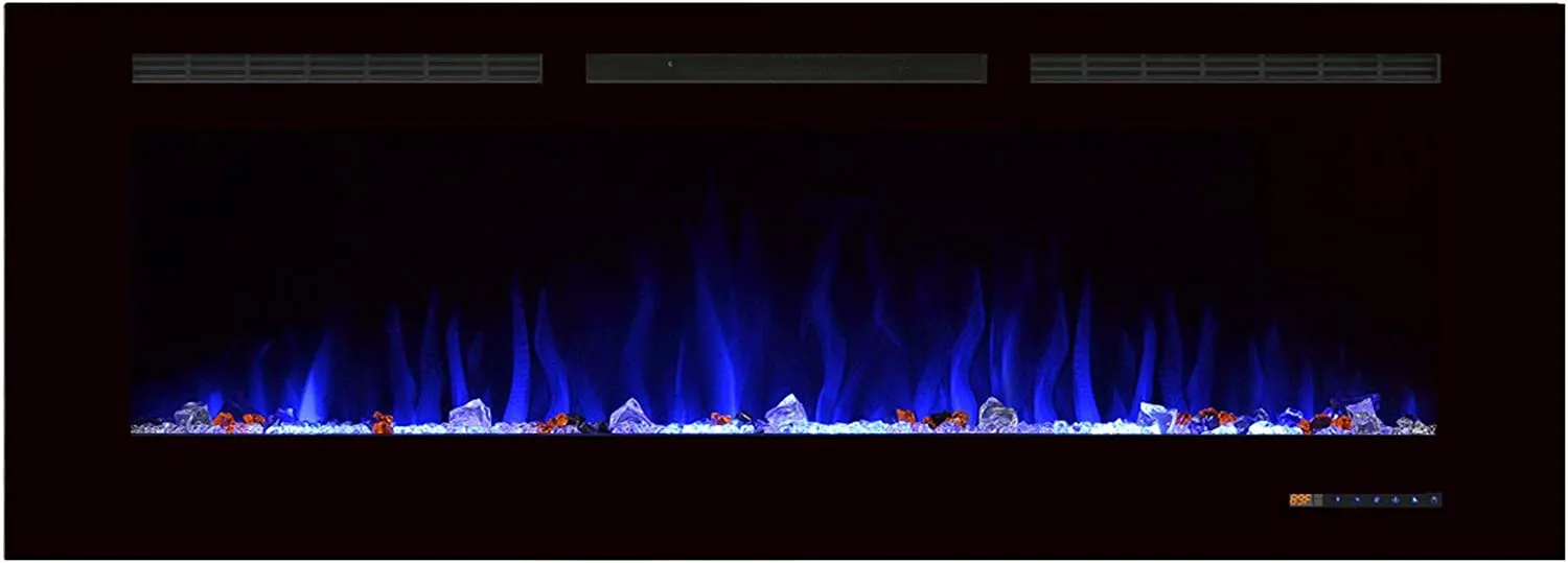 Valuxhome BI60 60 in. 750/1500W Recessed and Wall Mounted Electric Fireplace with Remote LED Lights Logs and Crystals Black New