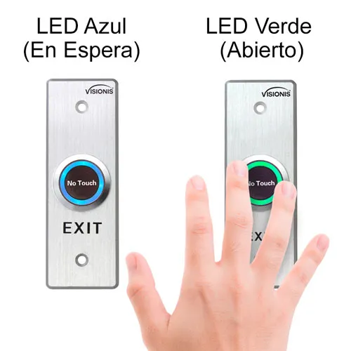 Visionis VIS-7028 - Indoor Stainless Steel No Touch Infrared Request to Exit Button with Time Delay Slim Size LED Light NC COM and NO Outputs