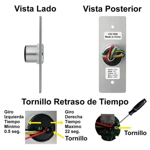 Visionis VIS-7028 - Indoor Stainless Steel No Touch Infrared Request to Exit Button with Time Delay Slim Size LED Light NC COM and NO Outputs