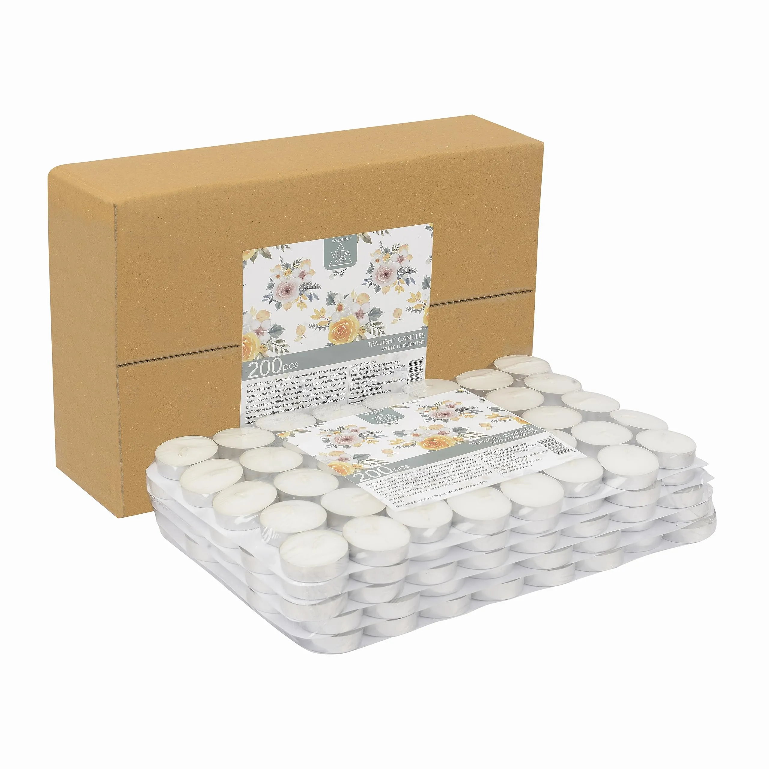 Welburn Veda&Co™ Wax Tealight Candles - Pack of 200, 3 Hours Burning Time, 100% Fully Refined Paraffin Wax, Unscented, Smokeless, Dripless, for Home Decor, Offices & Other Occasions (White)