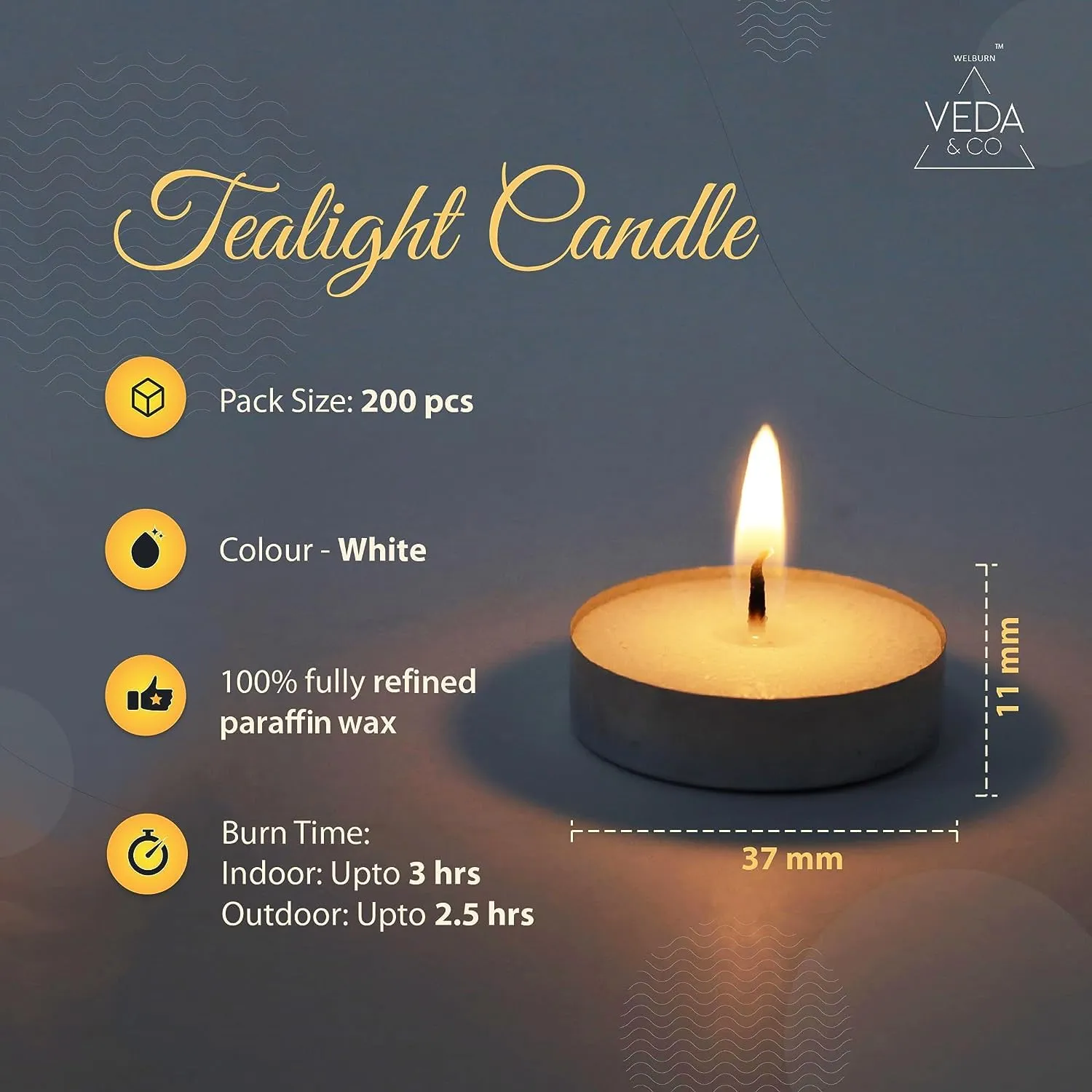 Welburn Veda&Co™ Wax Tealight Candles - Pack of 200, 3 Hours Burning Time, 100% Fully Refined Paraffin Wax, Unscented, Smokeless, Dripless, for Home Decor, Offices & Other Occasions (White)