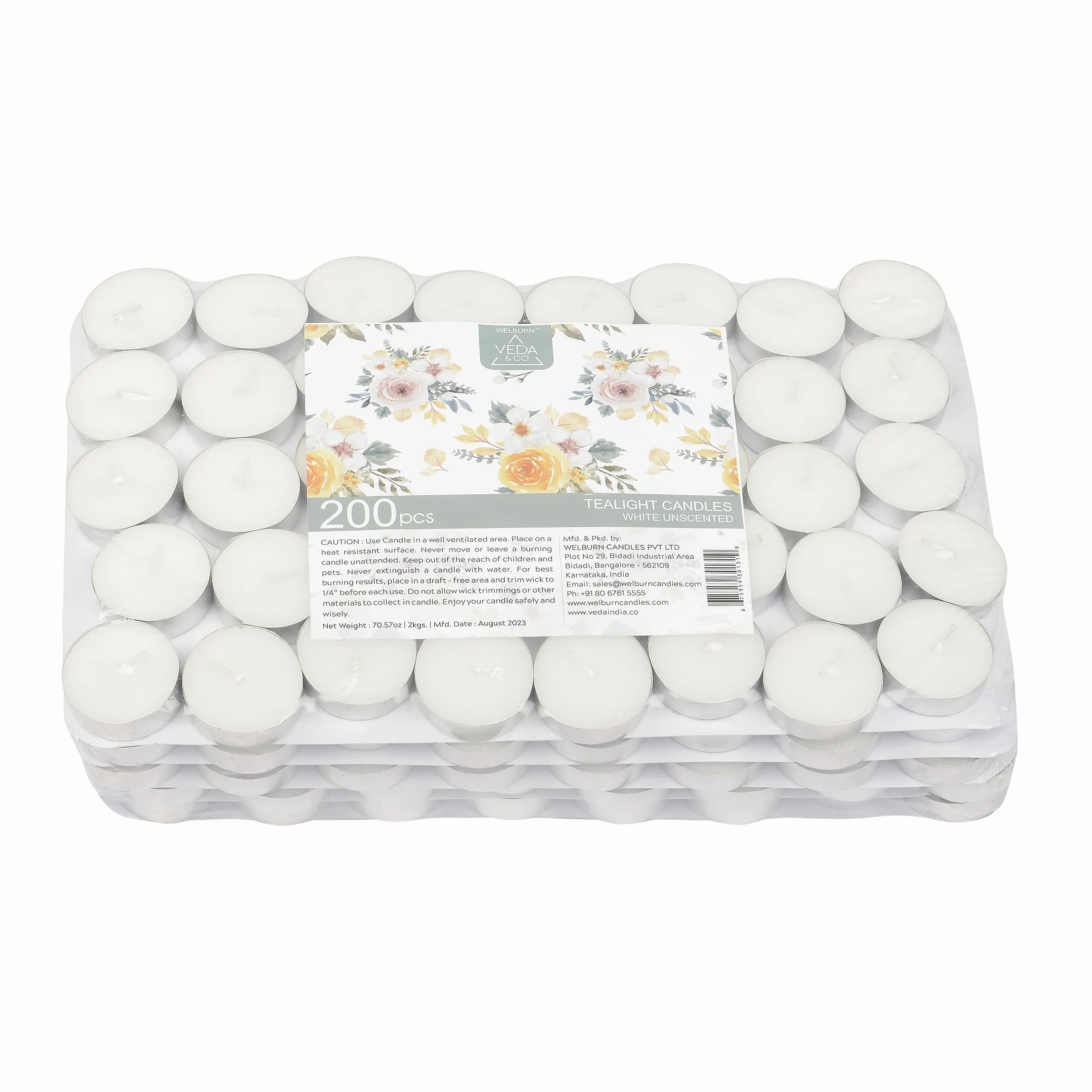Welburn Veda&Co™ Wax Tealight Candles - Pack of 200, 3 Hours Burning Time, 100% Fully Refined Paraffin Wax, Unscented, Smokeless, Dripless, for Home Decor, Offices & Other Occasions (White)