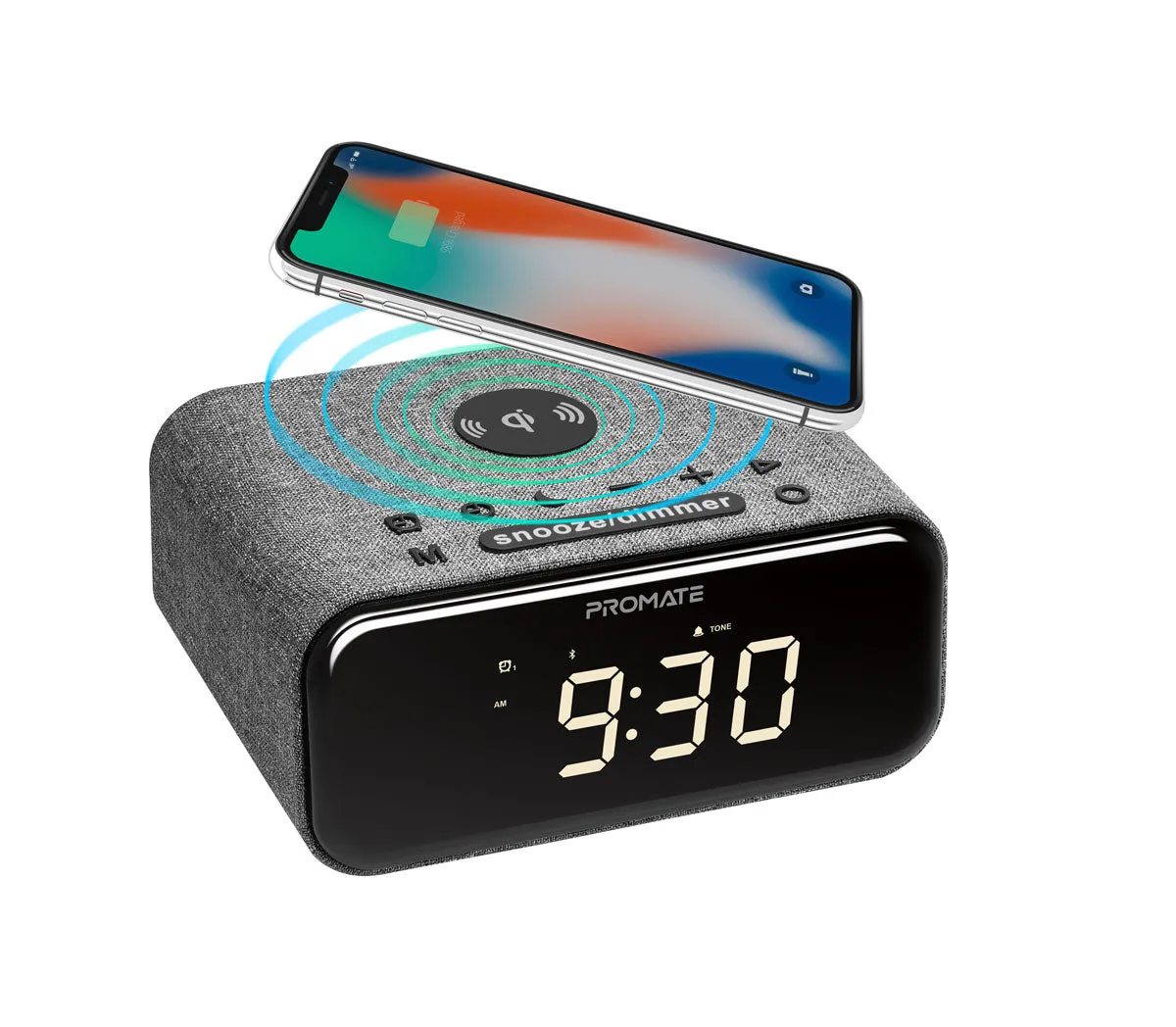 Wireless Charging Alarm Clock with Stereo Wireless Speaker and Handsfree Support