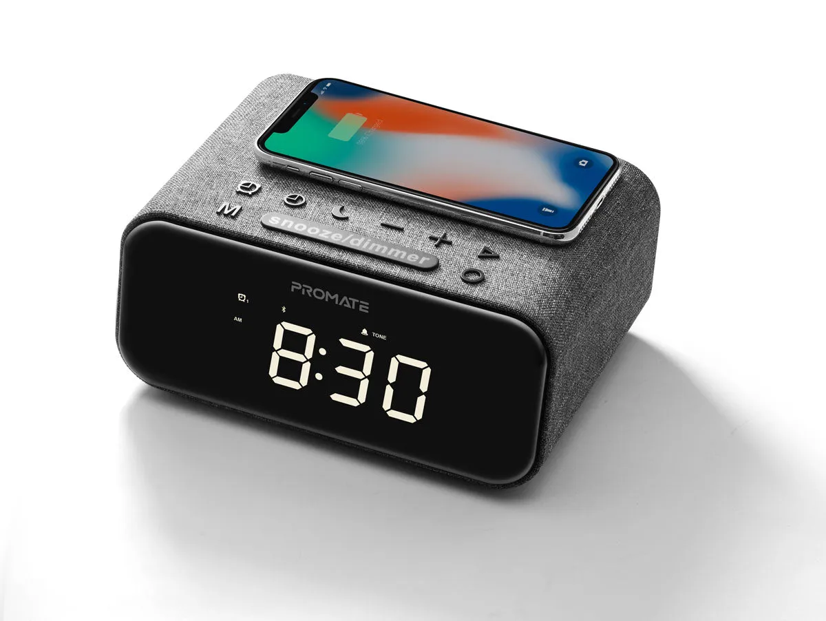 Wireless Charging Alarm Clock with Stereo Wireless Speaker and Handsfree Support