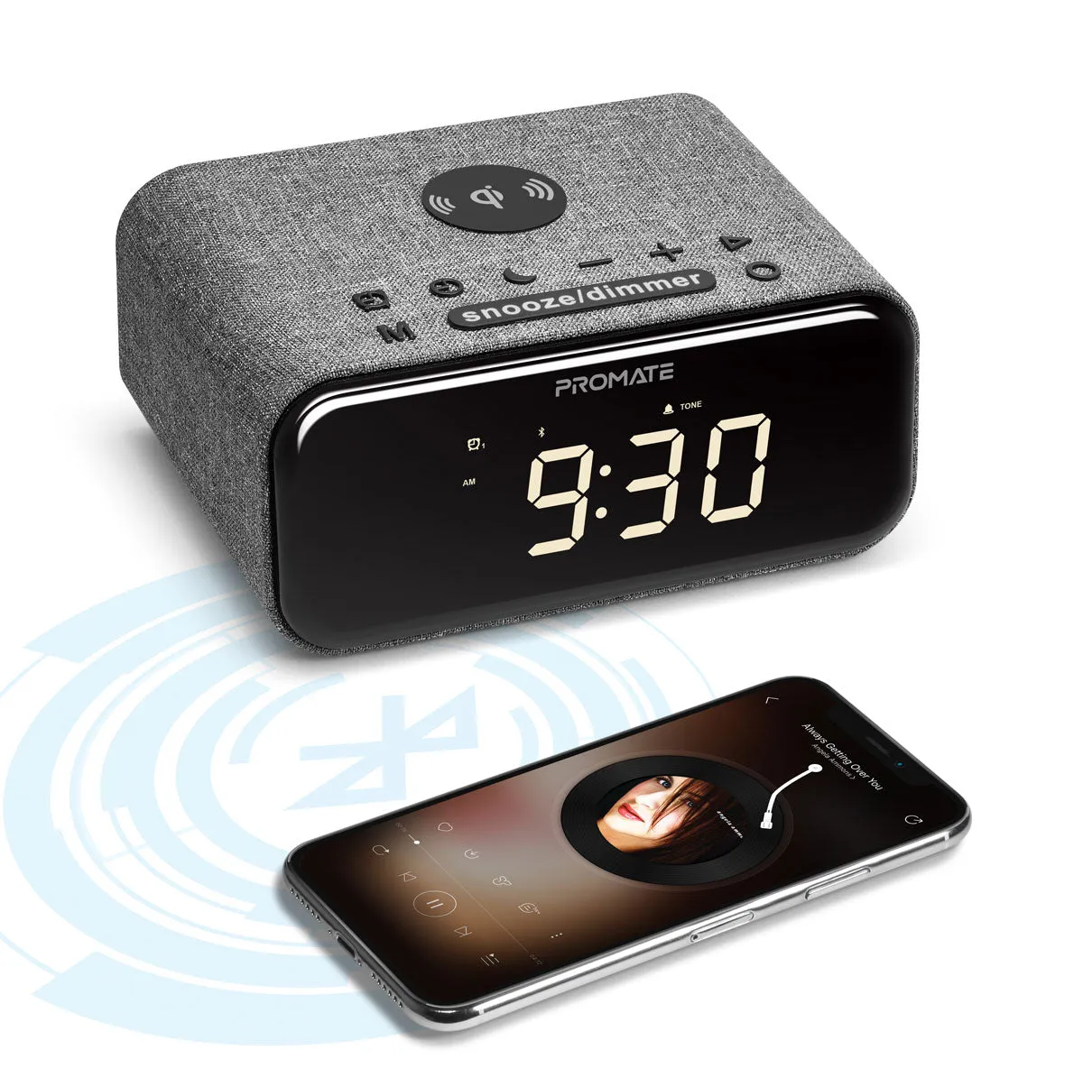 Wireless Charging Alarm Clock with Stereo Wireless Speaker and Handsfree Support