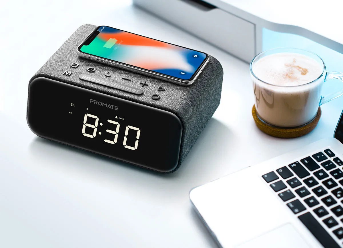 Wireless Charging Alarm Clock with Stereo Wireless Speaker and Handsfree Support